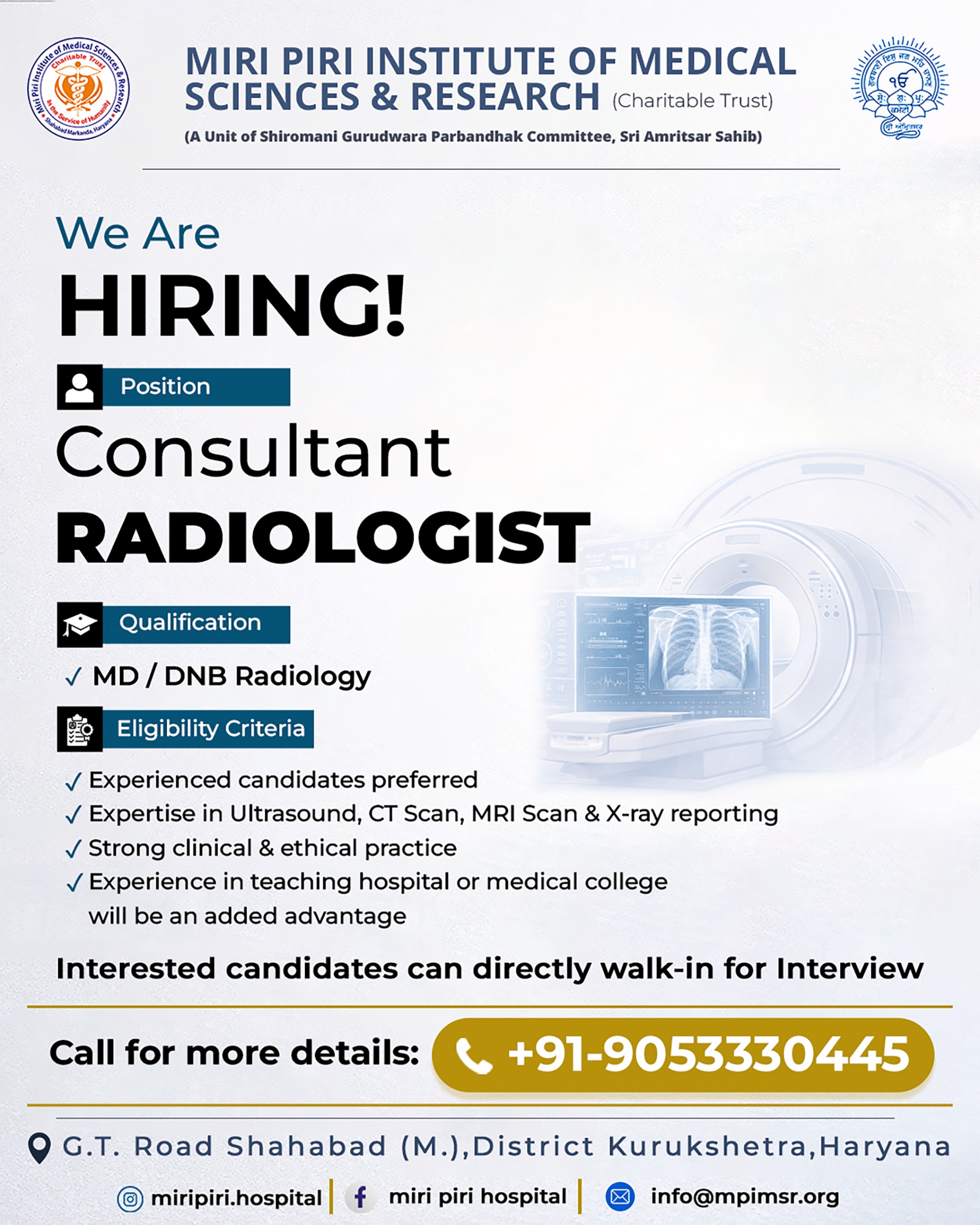 Walk-In Interview for Consultant Radiologist (MD/DNB Radiology)